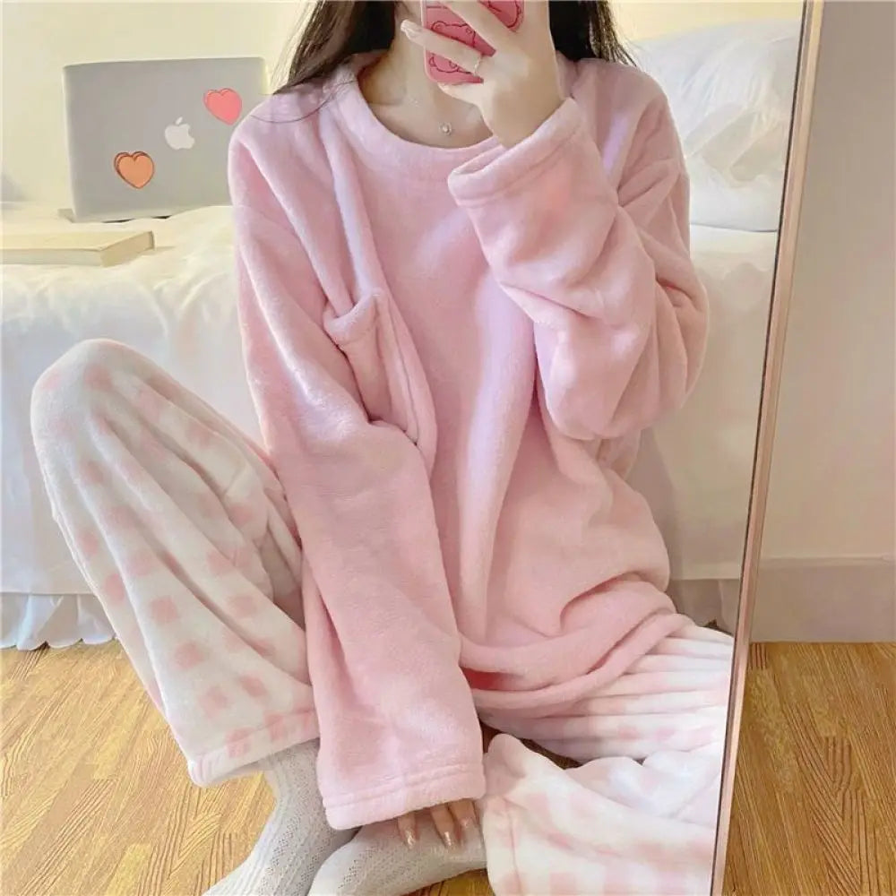 Fleece Thick Warm Women's Pajamas Set Winter Sleepwear